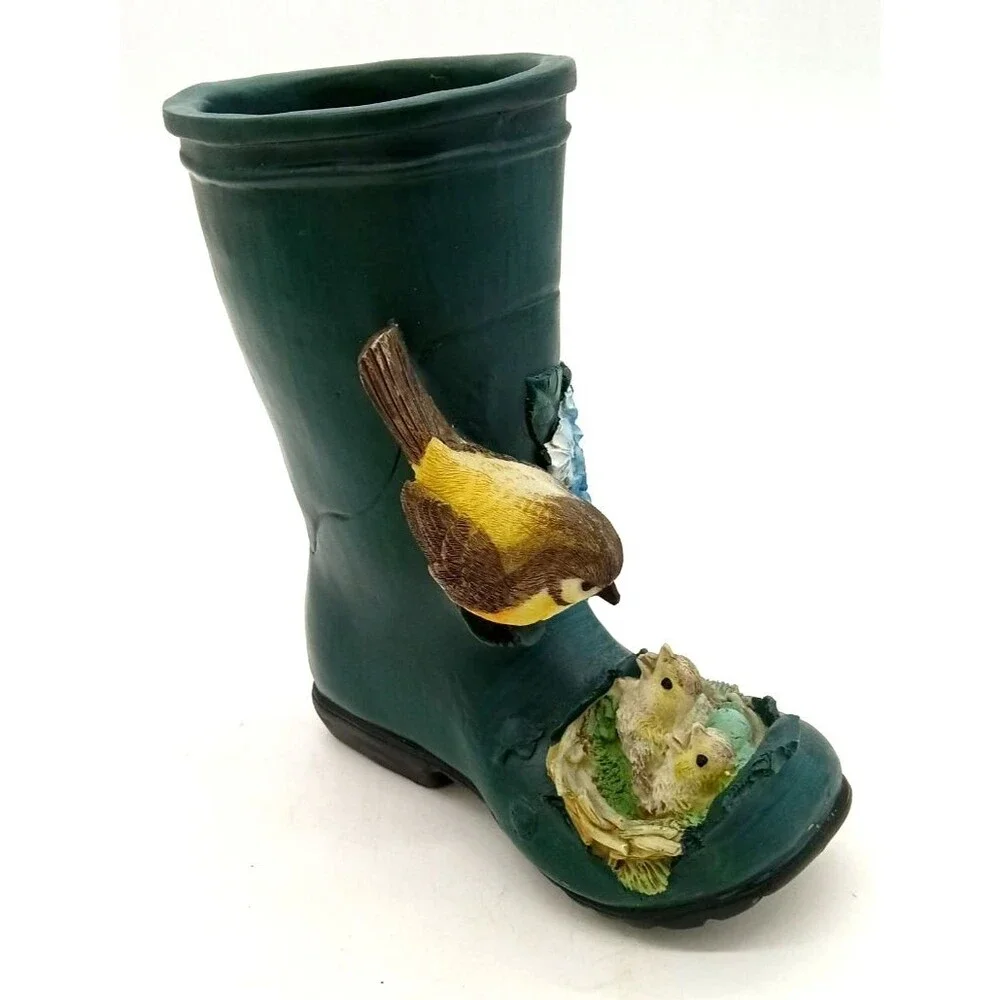 Green Resin Old Rain Boot With Mama Bird & Babies  In Nest Planter